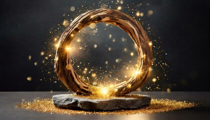 a natural background podium for cosmetic products Gold glitter circle of light shine sparkles golden spark particles in circle frame on black background sparkler on fire - Powered by Adobe