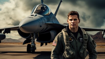 Portrait of a pilot next to a fighter plane