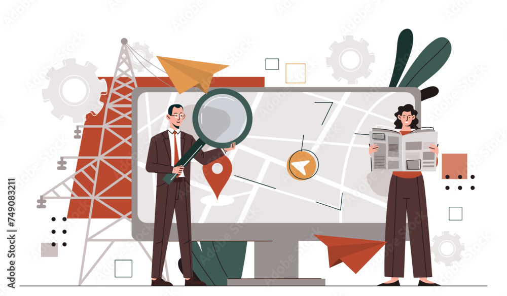 Poster digital gps technology. man with magnifying glass and woman near map at computer screen. navigation 