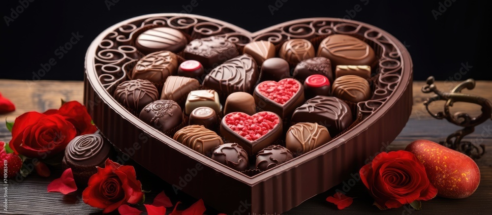 Poster a heart shaped box is overflowing with chocolates and adorned with vibrant red roses, creating a rom