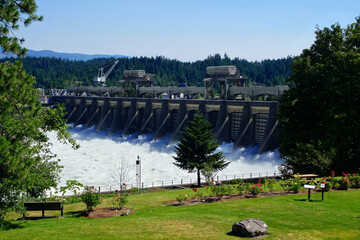Water spills through the turbines of the  Bonneville Dam