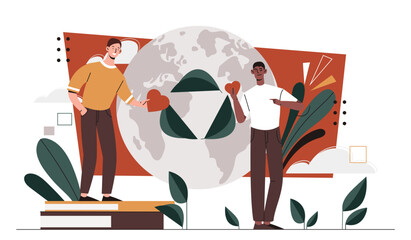 Eco friendly people. Two men near planet with hearts. Activists and volunteers. Care about nature and environment. Reducing release of harmful waste into atmosphere. Cartoon flat vector illustration