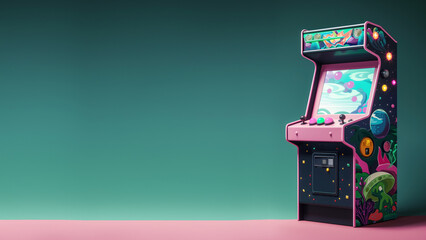 Front shot of a classic retro gaming arcade machine on green background with copy space for text