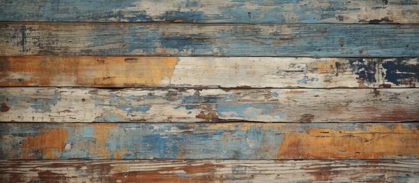 A detailed view of a weathered wooden wall with peeling paint, revealing a mix of cracked and chipped layers. The texture creates a sense of antiquity and vintage appeal.
