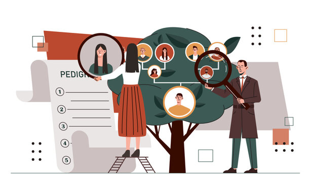 People with family tree. Man and woman with magnifying glass looking for relations between different generations. Father, mother, grandfather and grandmother. Cartoon flat vector illustration