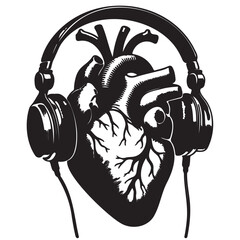 Heart with headphones, black silhouette of an anatomical human organ, vector drawing on a transparent background for stencil, print, sticker..