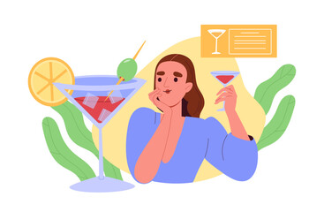 Woman with cocktail. Young girl with alcoholic drink in glass. Beverage and tasty liquid. Martini or margarita with ice. Cartoon flat vector illustration isolated on white background