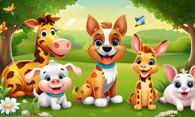 a cute smiling dog with cat, pig, giraffe, and rabbit in a Garden. suit for coloring book cover for kids