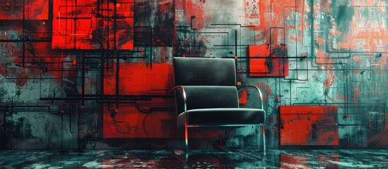 A chair is placed in front of a red and black wall, creating a striking contrast in colors. The chair stands out against the bold background, emphasizing its simple yet elegant design.