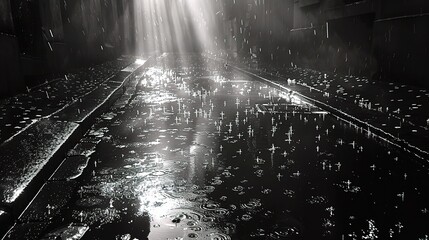 Dark street, wet asphalt, reflections of rays in the water