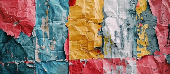 A detailed view of a worn piece of paper with paint peeling off, revealing layers of color and texture. The paper appears creased and crumpled, creating a grunge aesthetic.