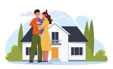 Obraz na płótnie Canvas Happy family near house. Man and woman with baby near private property. Couple with son or daughter. Good relations in family. Love, support and care. Cartoon flat vector illustration
