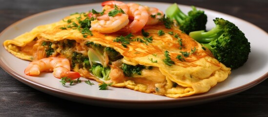 A homemade omelet featuring shrimp and broccoli is presented on a plate. The dish is protein-packed and nutritious, making for a satisfying and delicious meal.