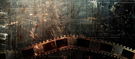 A detailed view of a film strip against a black backdrop, showcasing its grained and scratched texture. The film strip is adorned with heavy grain dust and a slight light leak, giving it a vintage and