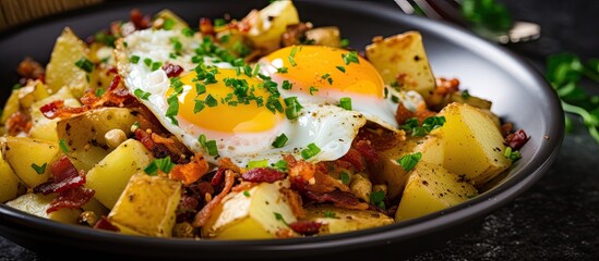 A plate featuring a bed of seasoned, roasted potatoes topped with a sunny-side-up fried egg. The dish is garnished with crispy bacon bits, creating a hearty and savory breakfast option.