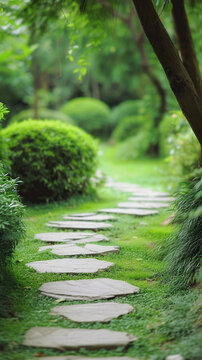 A tranquil garden with a stone path Calmness atmospheric photo footage for TikTok, Instagram, Reels, Shorts