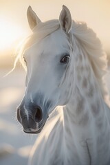 A portrait of a beautiful white horse with light coming from behind. 