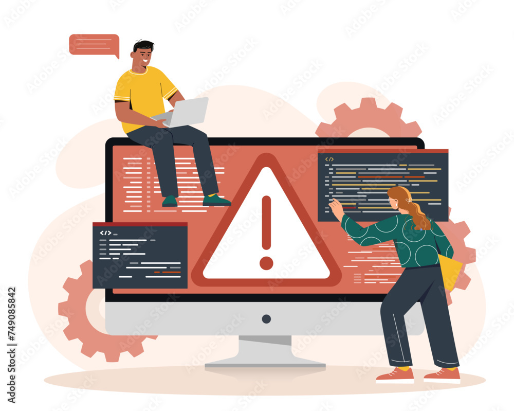 Poster internet failure concept. man and woman near computer monitor with problems in code. application or 