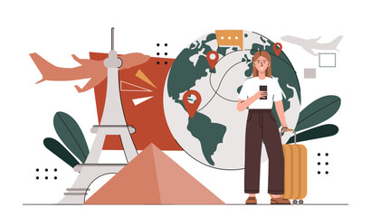 International tourism concept. Woman with smartphone and luggage near Eiffel Tower. Holiday and vacaton in France and Paris. Cartoon flat vector illustration isolated on white background