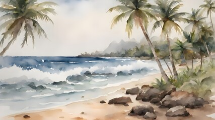 watercolor painting of the beach with sea waves, coral rocks and coconut trees