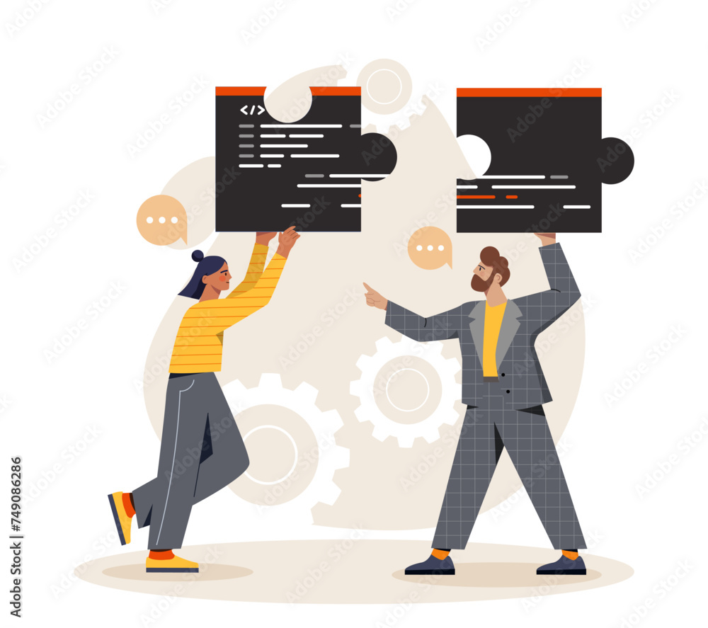 Poster man and woman making puzzle. cooperation and collaboration. team of programmers and it specialists w