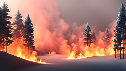 Earth Day Theme. 3D Visualization Capturing the Devastating Effects of Forest Fire on Mountain, Conveying Climate Change Awareness