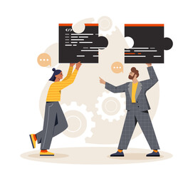 Man and woman making puzzle. Cooperation and collaboration. Team of programmers and IT specialists work at common project. Guy and girls fix bugs in code. Cartoon flat vector illustration