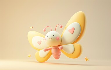 Cute 3d little butterfly flying on bright pastel background. Birthday-greeting card. presentation. advertisement. invitation. copy text space.