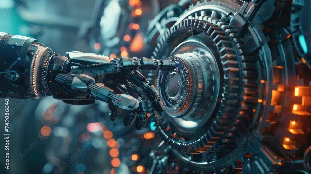Poster advanced robotic arm with futuristic technology - close-up of a robot arm engaging with hi-tech mach