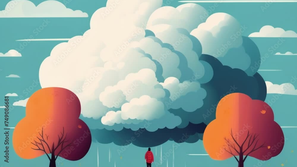 Poster a person walking down a path with a storm cloud looming above them representing feelings of fear and