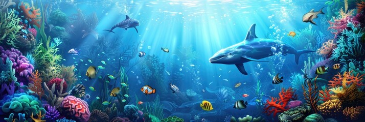 Fototapeta na wymiar Vibrant coral reef and marine life underwater - A vivid and colorful underwater scene with a variety of fish, sharks, and corals illuminated by sunbeams penetrating the ocean
