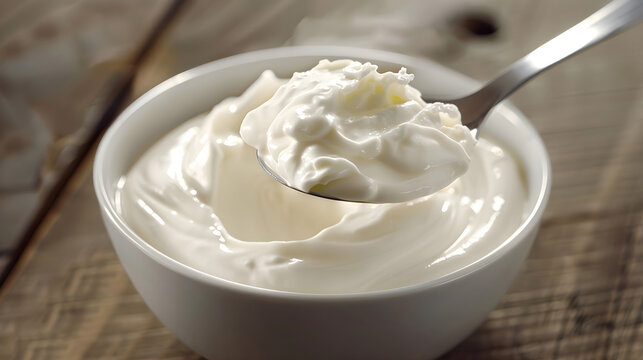 A close-up photo of Greek yogurt in a white bowl on a wooden table healthy diet food