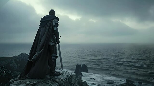 A lone knight stands atop a cliff staring out at the vast expanse of the ocean. In his hand he grips a sword with a mighty dragon hilt a gift from a powerful sorcerer who