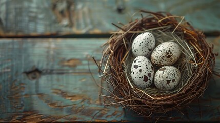 Obraz premium Easter eggs in the nest on rustic wooden background