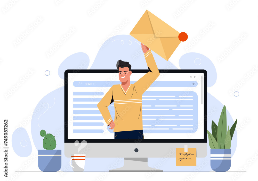 Poster man with new message. business communication and correspondence. young guy with email. character wit