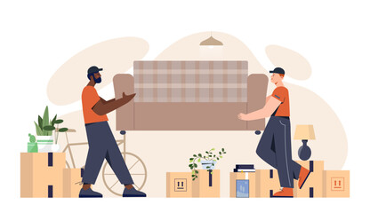 Moving house service concept. Two men in uniform with sofa in hands. Loaders and deliverers with cardboard boxes. Relocation and migration, moving to new home. Cartoon flat vector illustration