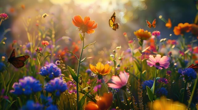 garden in spring with colorful flowers and butterflies