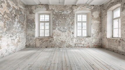 Empty a white Interior of vintage room without ceiling from gray grunge stone wall and old wood floor.