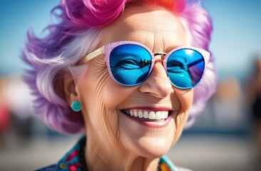Fototapeta na wymiar An elderly woman with bright pink hair wearing sunglasses is smiling. A young at heart elderly lady enjoys life on a sunny day. Youth concept. Senior retired woman feels positive vibes.