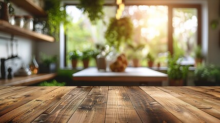 Empty beautiful wood table top counter and blur bokeh modern kitchen interior background