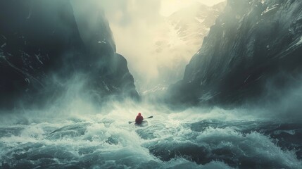 A lone figure battles against raging rapids while navigating a treacherous river in a dramatic canyon