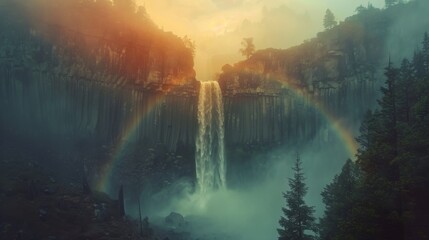 A majestic waterfall crashes down into a chasm, framed by towering cliffs and misty rainbows
