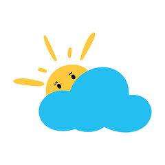 Sunny Cloud Icon with Sun in Kawaii Flat Clipart Vector Illustration