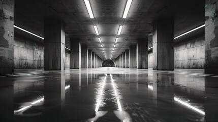 Empty Elegant Modern Grunge Dark Reflections Concrete Underground Tunnel Room With Bright White Lights Background Wallpaper - obrazy, fototapety, plakaty