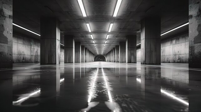 Empty Elegant Modern Grunge Dark Reflections Concrete Underground Tunnel Room With Bright White Lights Background Wallpaper