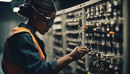 Person in a blue shirt and orange safety vest is attentively working on a large, intricate panel of electrical circuits in an industrial setting. - obrazy, fototapety, plakaty