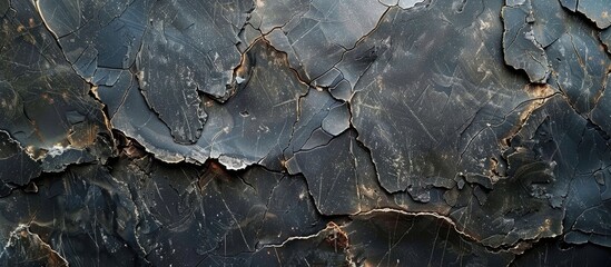 A close-up view of a black and white wall with peeling paint, revealing layers of dark and gray...