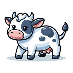 Cute cow full body cartoon mascot character vector illustration, funny adorable farm pet animal cow design template isolated on white background