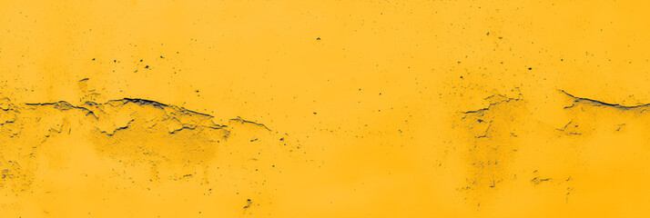 Yellow cement concrete grunge textured floor background. Gold amber wall with cracks. Old vintage wide backdrop for design banner