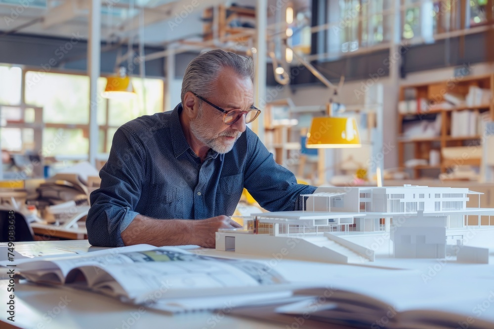 Poster architect analyzing building models - a concentrated architect examining architectural models and bl